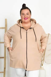 Bluza z kapturem na suwak SABINA beżowa Plus Size 48/54
