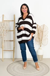 Sweterek w szpic QUATRO Pasy brąz-biały Plus Size 48/54
