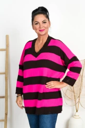 Sweterek w szpic QUATRO Pasy róż neon-brąz Plus Size 48/54