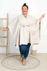 Flauszowe Ponczo z Paskiem LUSIJA beżowe Plus Size 48/60