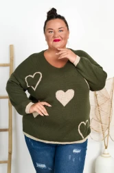 Sweterek w Serca MONTI khaki Plus Size 46/52