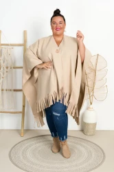 Flauszowe Ponczo z Frędzlami NOEMI beżowe Plus Size 48/60