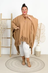 Flauszowe Ponczo z Frędzlami NOEMI camelowe Plus Size 48/60