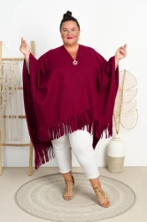 Flauszowe Ponczo z Frędzlami NOEMI bordo Plus Size 48/60