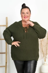 Sweter z wiązanym dekoltem LEON khaki Plus Size 46/54