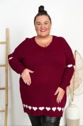 Długi Sweter z serduszkami LENI burgundowy Plus Size 46/54
