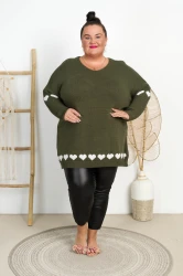 Długi Sweter z serduszkami LENI khaki Plus Size 46/54