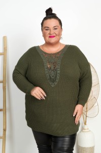 Długi Sweter z koronką HENRY khaki Plus Size 46/54