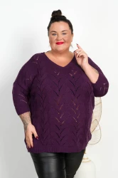 Sweter Ażurowy Oversize SOLA śliwkowy Plus Size 46/56
