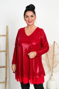 Tunika cekinowa z falbanką SANDRA czerwona Plus Size 44/48 