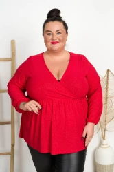Bluzka z kopertowym dekoltem MERRY czerwona z brokatem Plus Size 48/54 