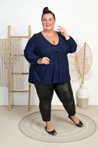 Bluzka z kopertowym dekoltem MERRY granatowa z brokatem Plus Size 48/54 