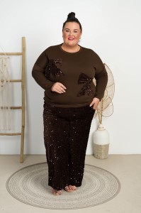 Spodnie Kuloty z Cekinami SHELDON czekoladowe Plus Size 46/52