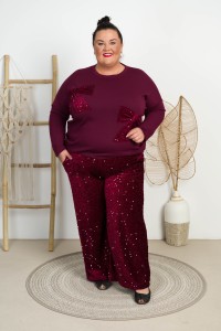 Spodnie Kuloty z Cekinami SHELDON burgundowe Plus Size 46/52 