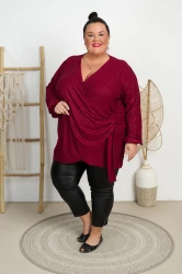 Bluzka wiązana z Brokatem MEGGI burgundowa Plus Size 48/54