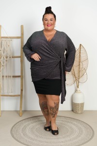 Bluzka wiązana z Mieniącą niteczką MEGGI srebrna Plus Size 48/54