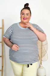 T-Shirt w paski ANASTAZJA błękit-brąz Plus Size 42-54