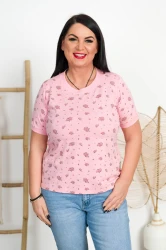 T-Shirt w paski ANASTAZJA puder kwiatki Plus Size 42-54