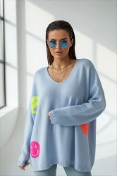 Sweter Oversize EMOTIKONY baby blue Plus Size 46/56