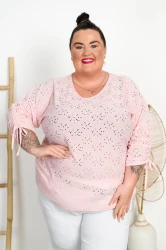 Bluzka Nietoperz Ażurowa DIVA pudrowa Plus Size 48/54