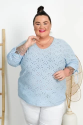 Bluzka Nietoperz Ażurowa DIVA błękitna Plus Size 48/54