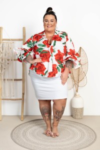 Koszula z rozkloszowanymi rękawami SWAY czerwone kwiaty Plus Size 46/52