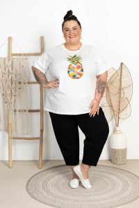 T-shirt Vneck VIRAL Ananas biała Plus Size 48/54