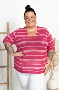 Cienki Sweterek VNeck w paski FELIX różowy Plus Size 44/54