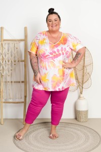Tunika trapezowa VNeck TREVOR liście róż Plus Size 50/56