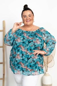 Bluzka Hiszpanka Siateczkowa MARISOL turkus kwiaty Plus Size 48/56