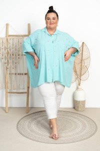 Duża Koszula ala Ponczo KALWIN turkusowa z Cyrkoniami Plus Size 48/60