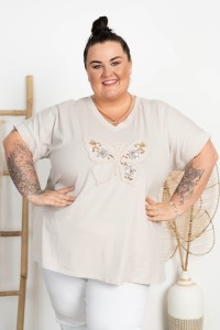Bluzka bawełniana Dekolt V MAGDA beżowa Plus Size 50/56