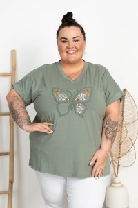 Bluzka bawełniana Dekolt V MAGDA khaki Plus Size 50/56