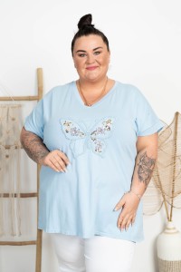 Bluzka bawełniana Dekolt V MAGDA błękitna Plus Size 50/56