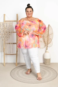 Bluzka Hiszpanka Siateczkowa MARISOL pomarańczowe kwiaty Plus Size 48/56