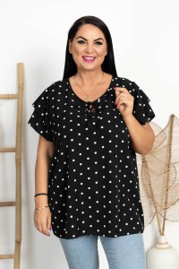 Bluzka z wiązanym dekoltem w groszki KAMA czarna Plus Size 44/50