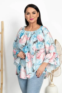Satynowa Bluzka Hiszpanka RITA kwiaty błękit Plus Size 46/54