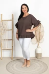 Lniana Bluzka z falbankami VAJANA ciemny brąz Plus Size 44-54