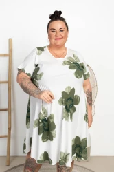 Biała Sukienka trapez JUDYTA kwiaty khaki Plus Size 48/54