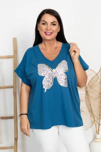 Bluzka chabrowa V-Neck DRINA Motyl Plus Size 46/54