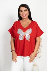 Bluzka czerwona V-Neck DRINA Motyl Plus Size 46/54