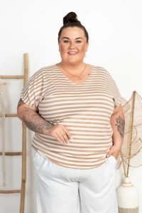 Miękka Bluzka w paski NANA beż-białe Plus Size 46/54