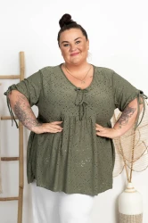 Ażurowa Bluzka z kokardkami TRACY khaki Plus Size 50/58