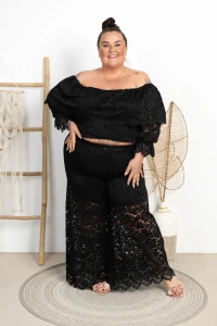 Komplet Koronkowy Spodnie+Top CATALONI czarny Plus Size 42/50