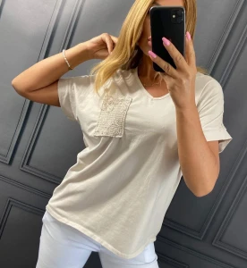 Bluzka z gipiurą na plecach TONI beż Plus Size 46/54