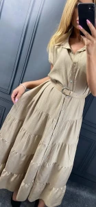 Sukienka MAXI Koszulowa z paskiem ELENI beżowa Plus Size 44/50 