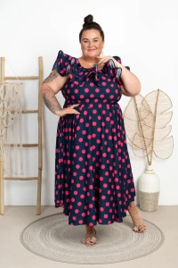 Sukienka w grochy z Falbaną JUSTIN granatowa Plus Size 46/54