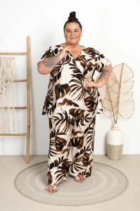 Tunika Płócienko OTELLO liście brązowe Plus Size 48/54 