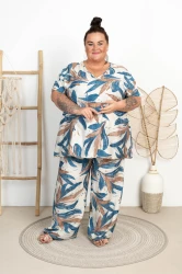 Tunika Płócienko OTELLO niebieskie liście Plus Size 48/54