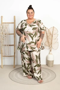 Tunika Płócienko OTELLO khaki liście Plus Size 48/54